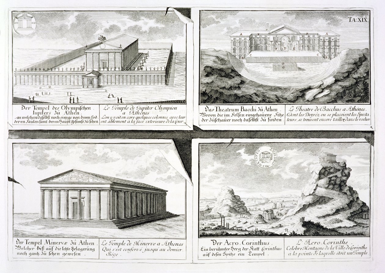 Views of four Classical Buildings: The Temple of Olympian Zeus, the Theatre of Dionysus in Athens, the Temple of Athena in Athens and a Temple in Corinth, from Entwurf einer historischen Architektur by Johann Bernhard Fischer von Erlach
