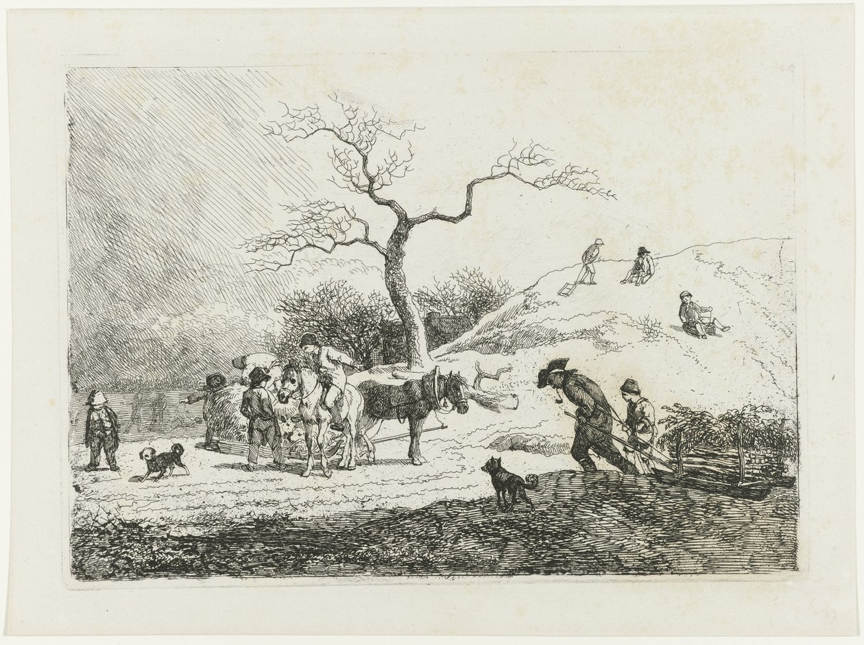 Winter Landscape with Children Sledding and Various Sleds by Johann Christian Klengel