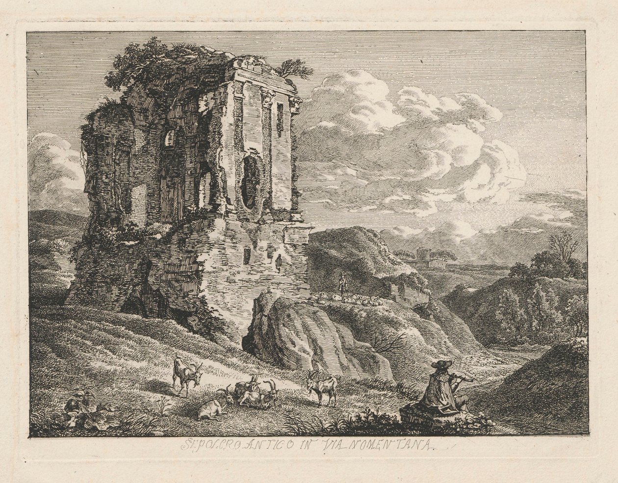 Landscape with Ancient Tomb, Goats and Shepherd Playing a Flute on the Right by Johann Christian Reinhart