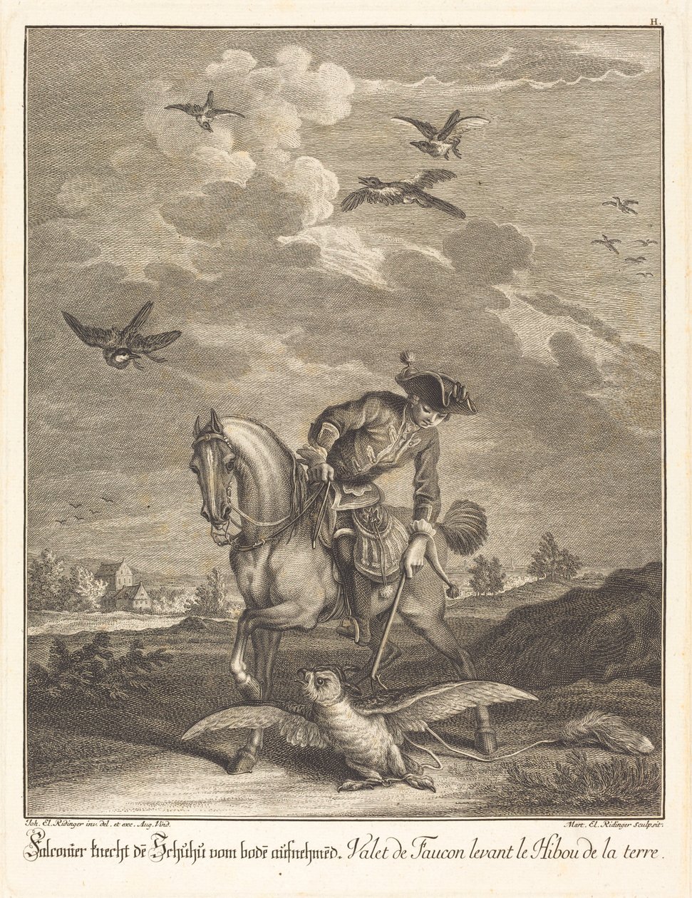 Falconer Lifting an Owl from the Ground by Johann Elias Ridinger