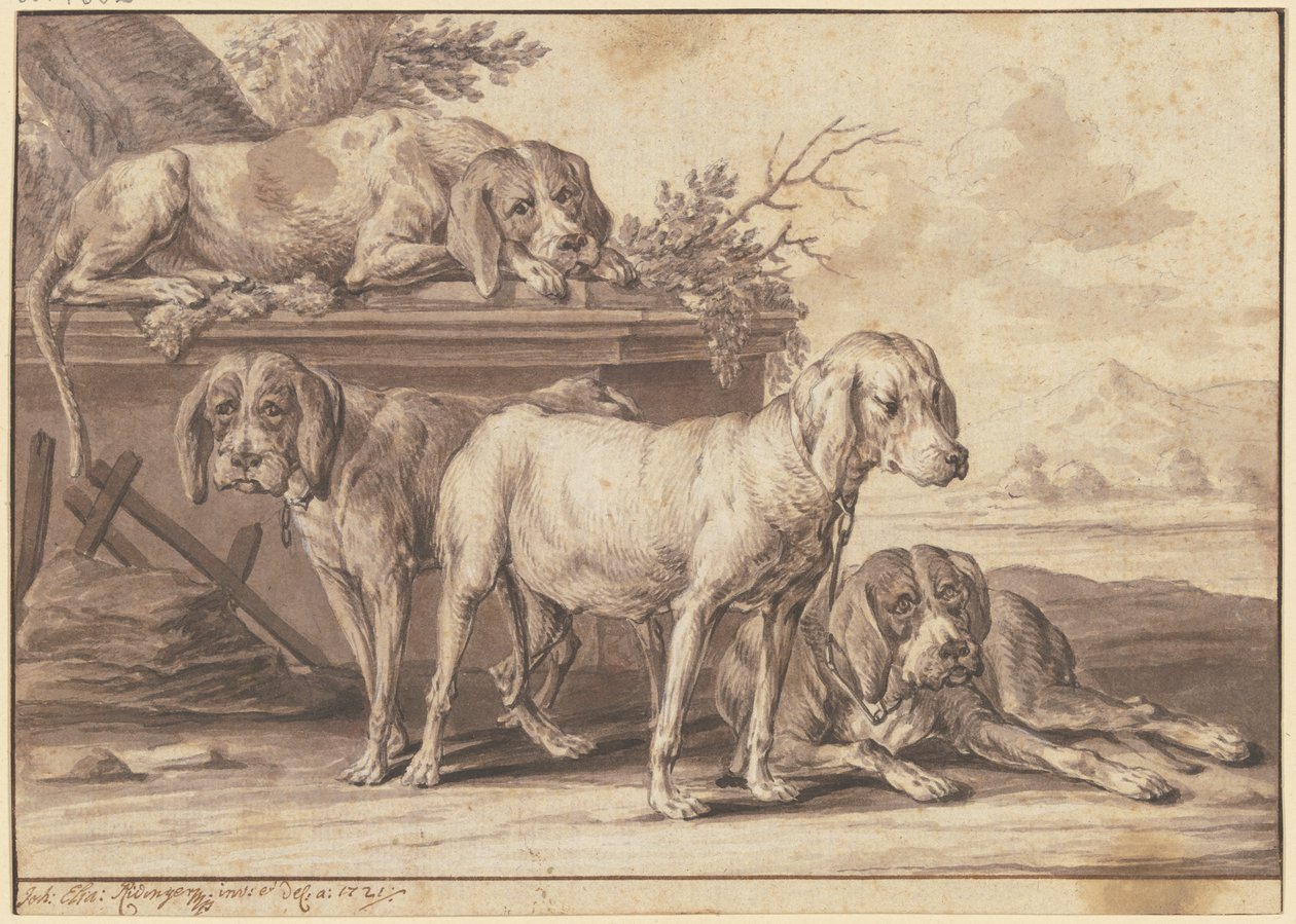 Four Hunting Dogs by Johann Elias Ridinger