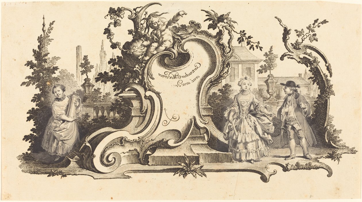 Modern Cartouches Decorated with Various Figures (Plate VI-1 from the set) by Johann Esaias Nilson