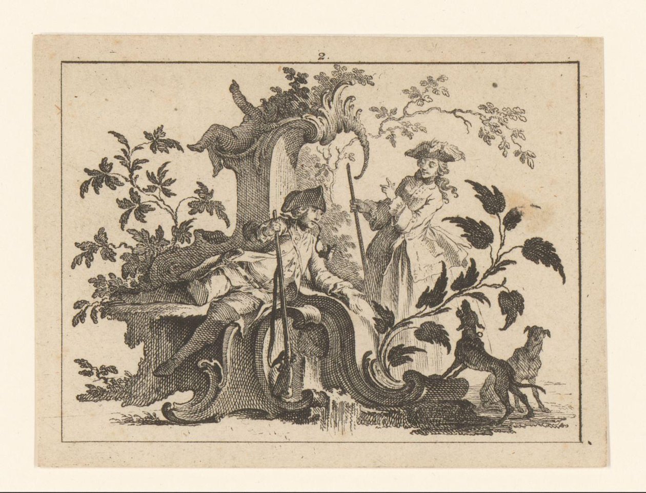 Man Smoking a Pipe with a Gun and Woman with Two Dogs on a Rococo Ornament, Smokers on Rococo Ornament by Johann Esaias Nilson