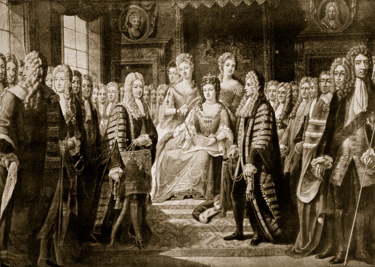 Articles of Union being presented to Queen Anne, 1706, illustration from 