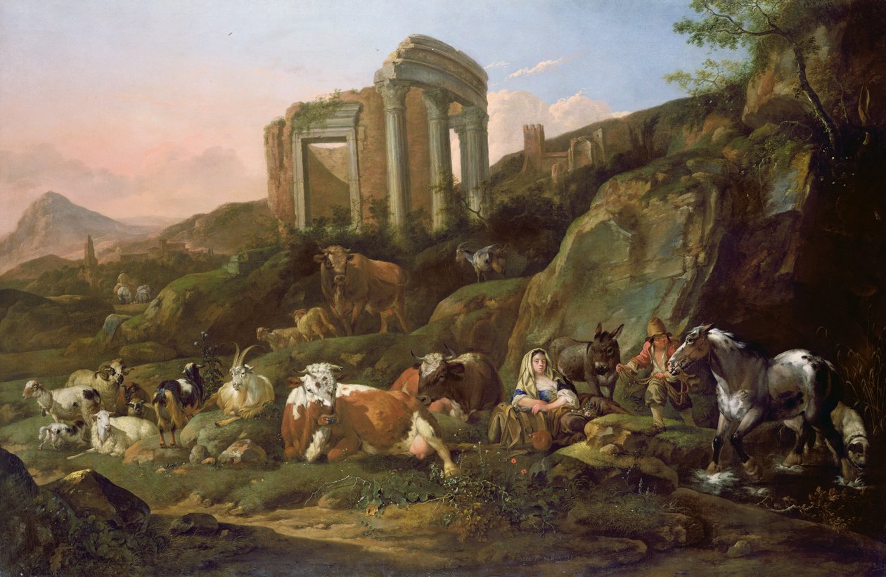 Farm animals in a Classical landscape, 1684 by Johann Heinrich Roos