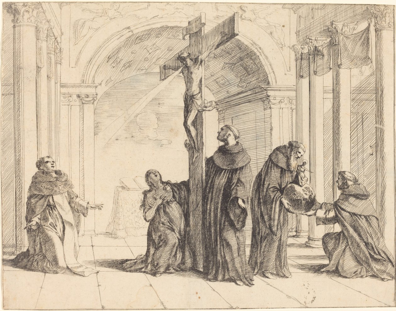 A Crucifix in a Church with Saints Thomas Aquinas, Mary Magdalene, Albertus Magnus, and Others by Johann Heinrich Schönfeld