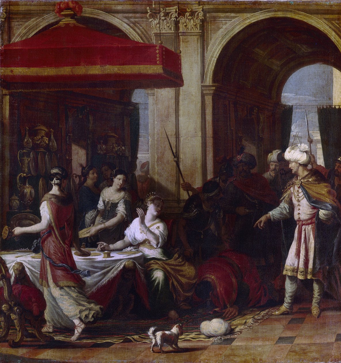 The Feast of Esther. Esther (Hadassah bat Avihail) wife of Ahasuerus, king of Persia (Xerxes I, 519-465 BC), after the decree of extermination of the Jews of the kingdom by the vizier Haman, invites the two men to a banquet where she by Johann Heiss
