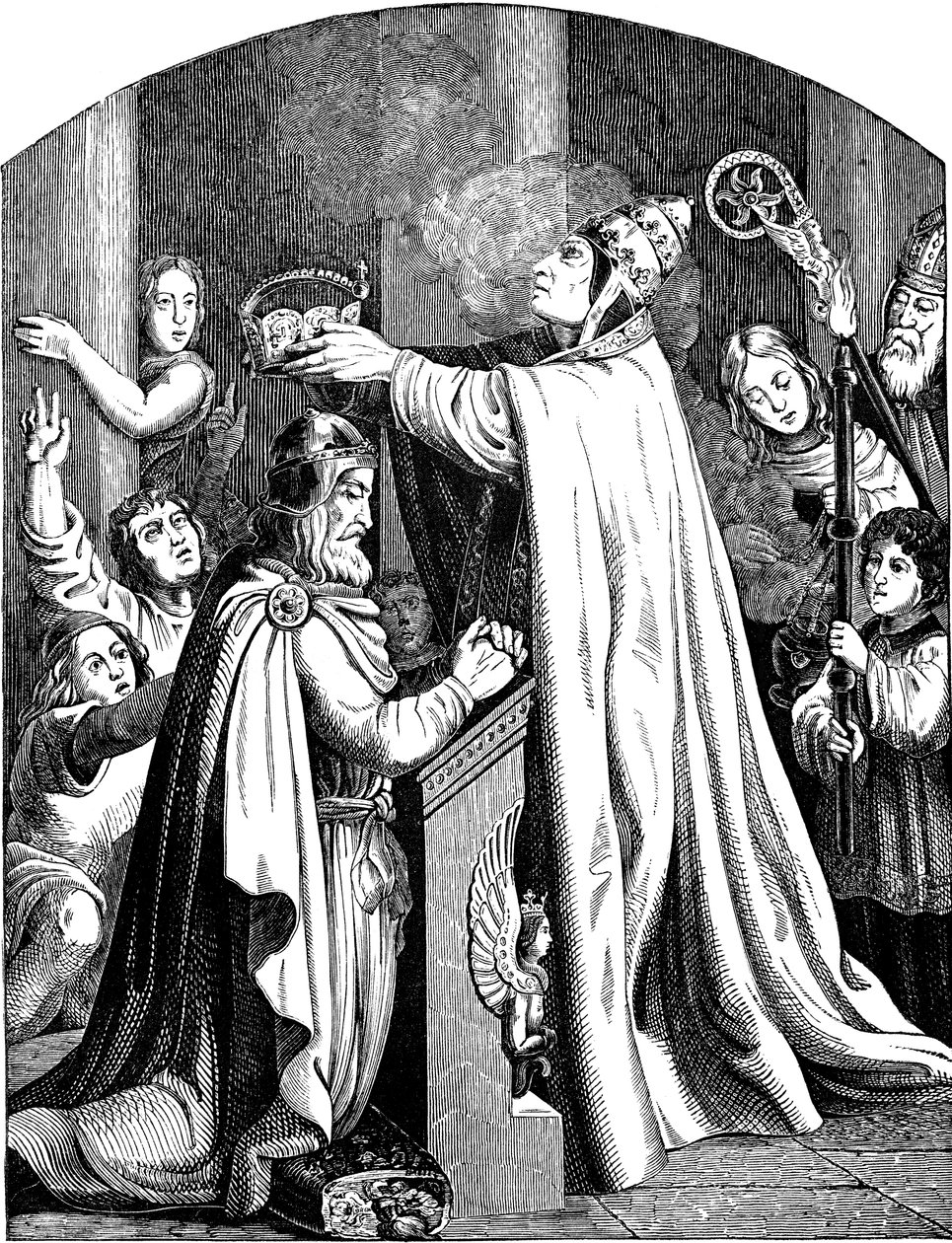 The Coronation of Emperor Charlemagne by Pope Leo III. Illustration from the Geschichte des deutschen Volkes by E. Duller, 1840 by Johann Jakob Kirchhoff