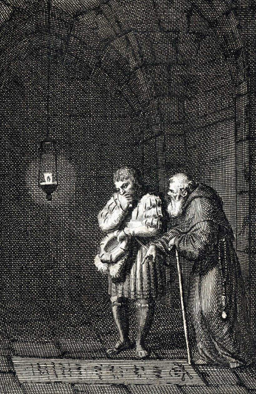 Emperor Charles IV collecting on the grave of Widukind of Saxony in Enger, Germany in 1377. Engraving by Johann Michael Mettenleiter by Johann Michael Mettenleiter
