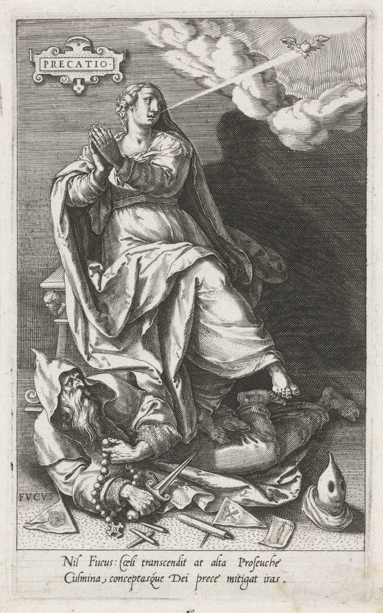 Prayer (Precatio) Overcomes Hypocrisy (Fucus) (series title: The Virtues Overcome the Vices) by Johann Sadeler (I)