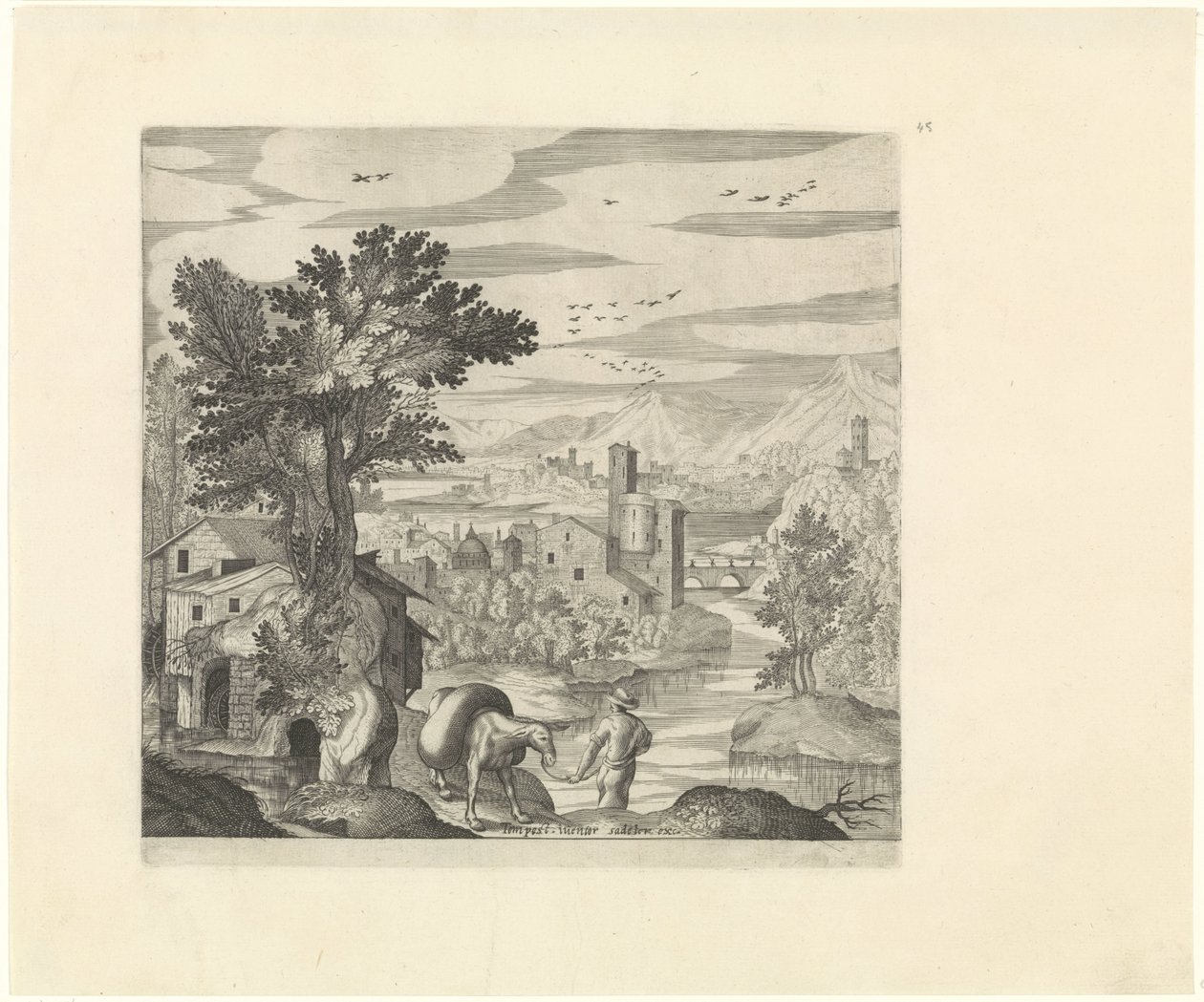 Landscape with a Farmer and His Donkey (series title: Italian Landscapes) by Johann Sadeler (I)