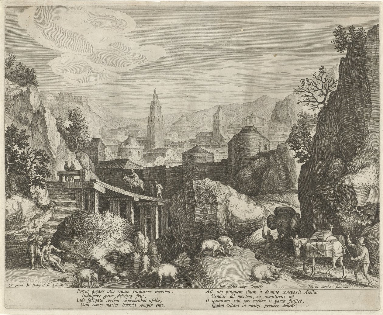 Rocky Landscape with the Fable of the Donkey and the Wild Boar by Johann Sadeler (I)