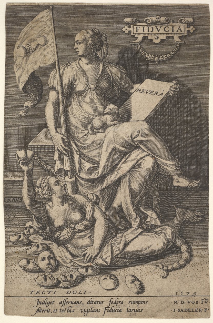 Fiducia, a Seated Woman Holds a Book and Banner While Turning Her Head Away from a Bare Branch, 1579 by Johann Sadeler I