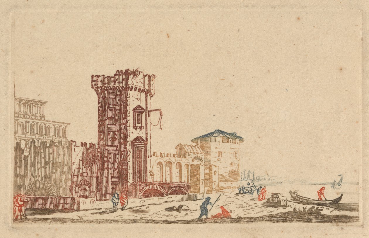 Six Colored Engravings of Castles, Ruins and Seascapes by Johann Teyler