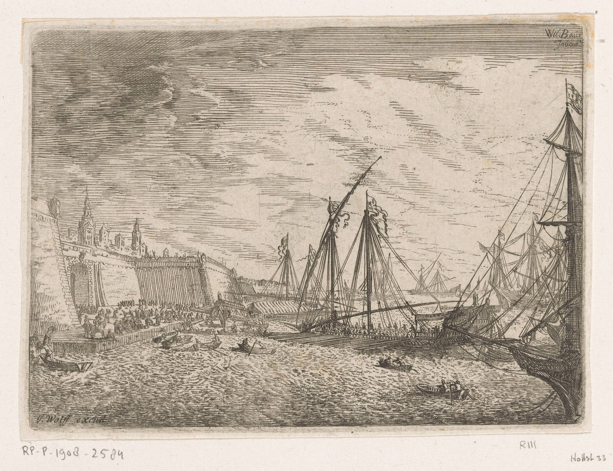 Harbor View with Sailing Ships and Galleys by a City Wall by Johann Wilhelm Baur
