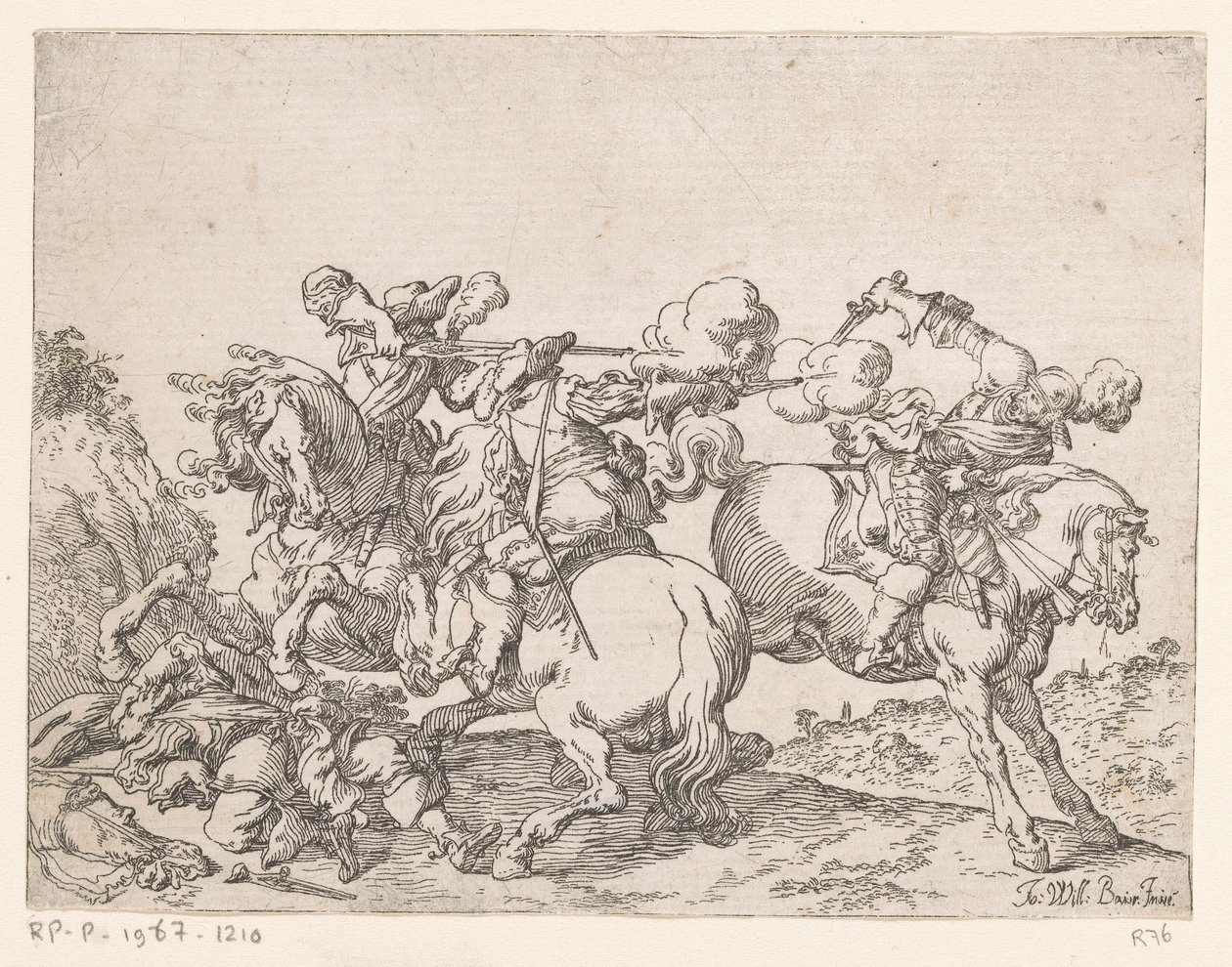 Two Musketeers on Horseback Shooting at a Rider by Johann Wilhelm Baur