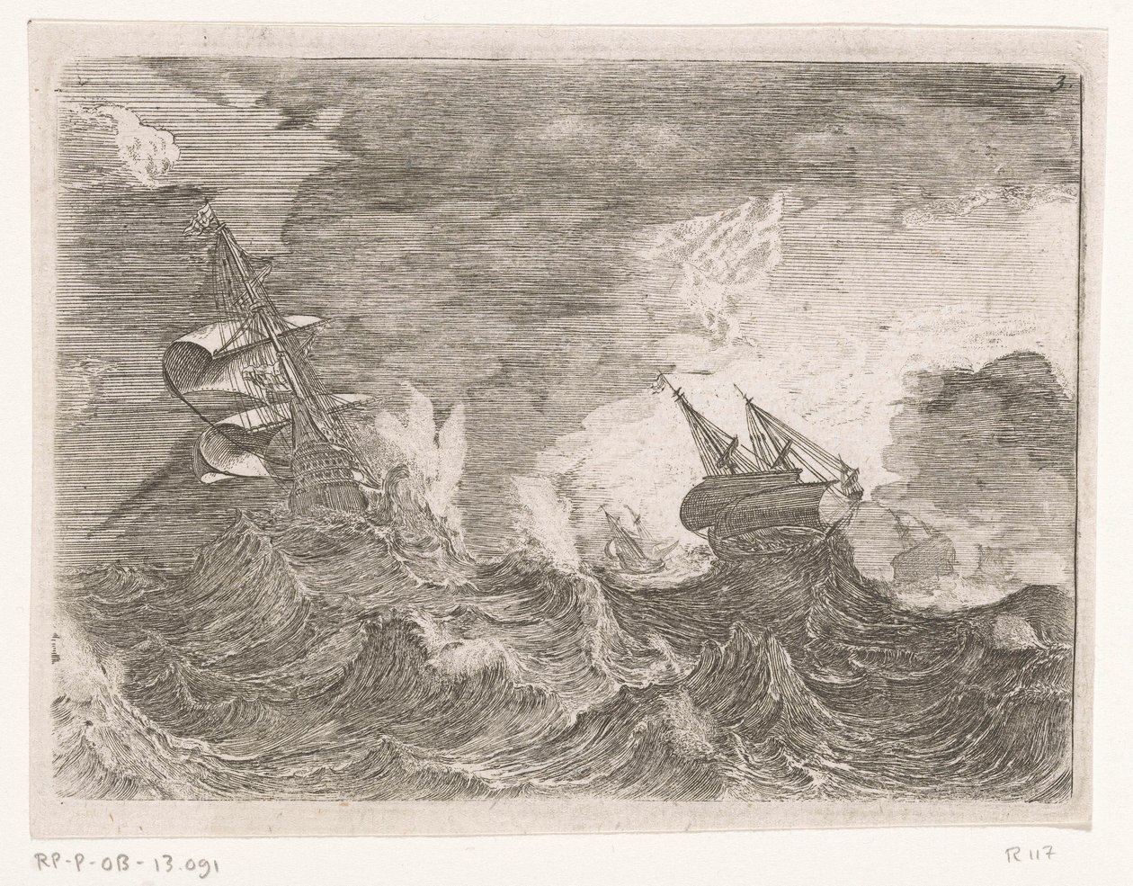 Five Sailing Ships at Sea During a Storm by Johann Wilhelm Baur