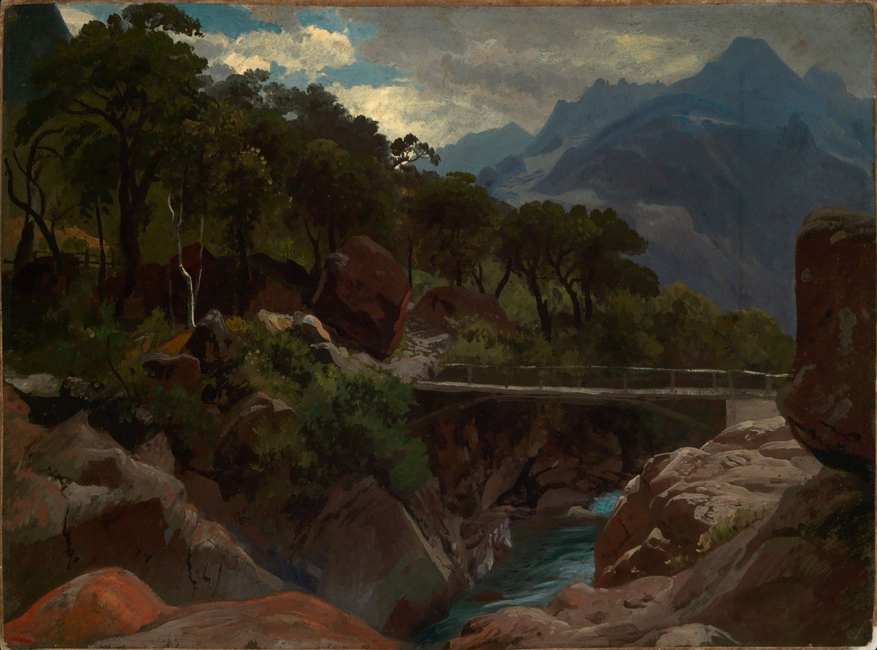 Swiss Mountain River with Footbridge by Johann Wilhelm Schirmer
