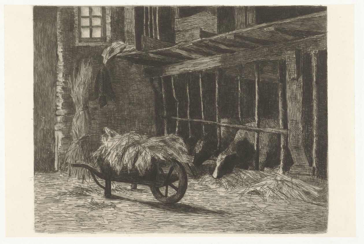 Interior of Stable with Cows and Wheelbarrow with Hay by Johanna Henriëtte Besier