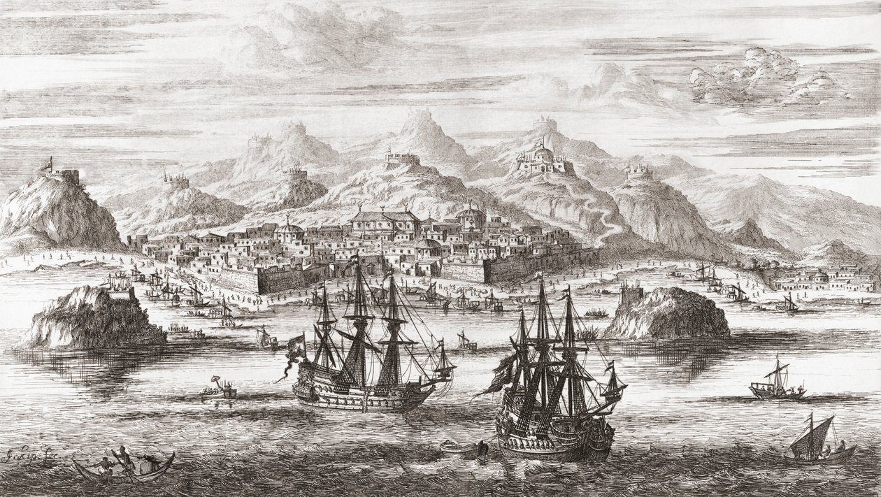 Dutch Ships in Front of Muscat, Oman in 17th Century by Johannes (after) Kip