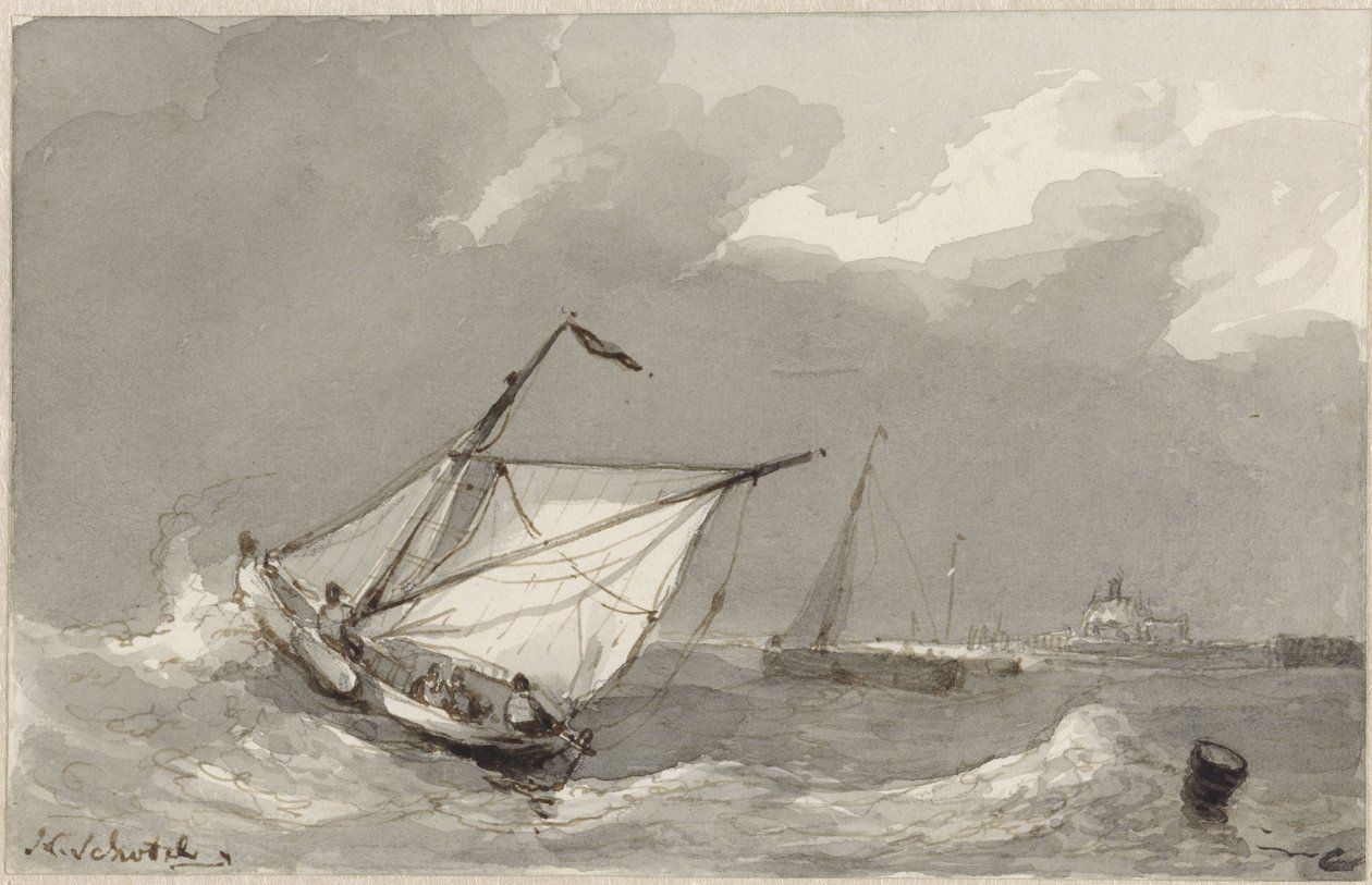 Fishing Boat on a Rough Sea, with a Village in the Distance by Johannes Christiaan Schotel