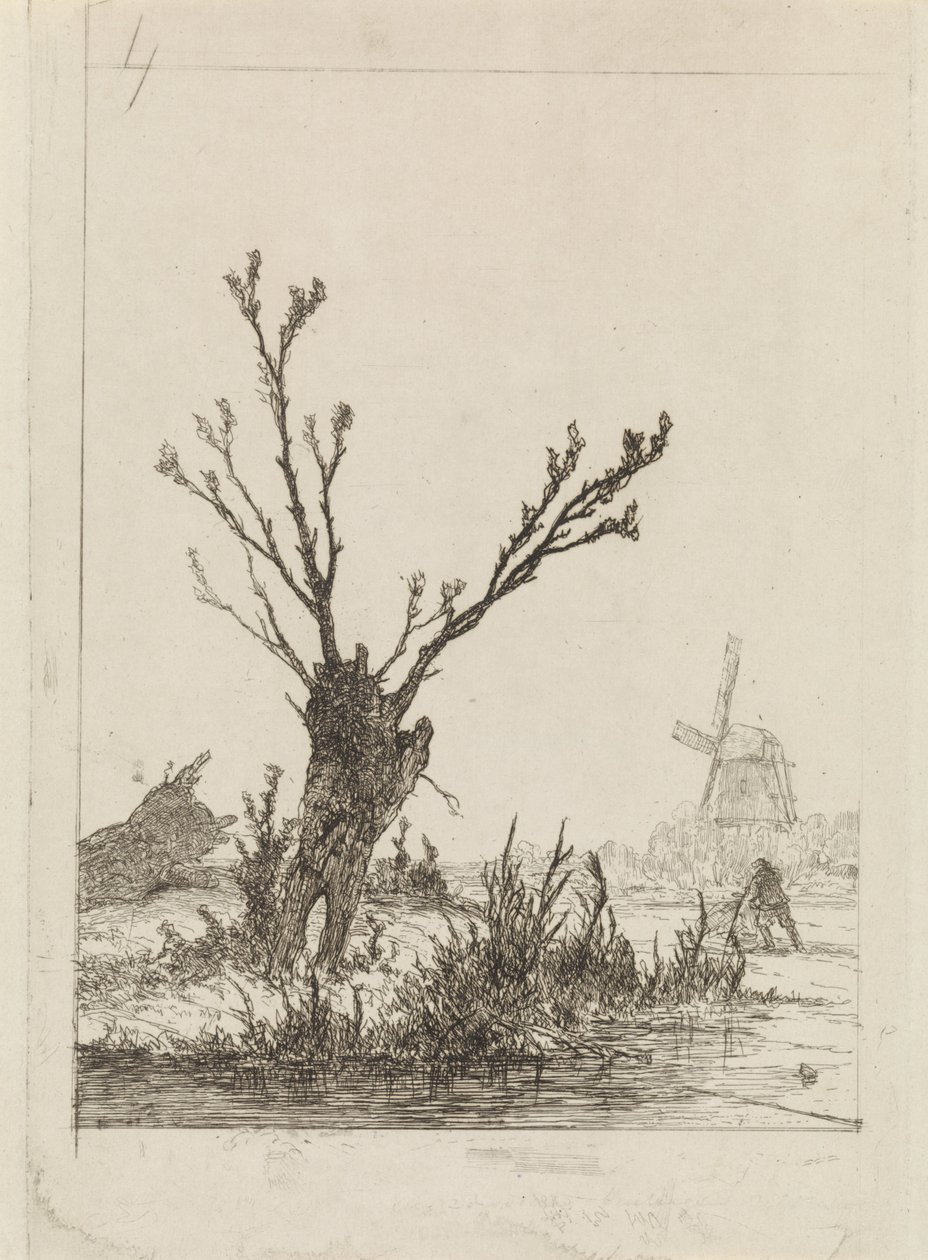 Skater with Sled by a Pollard Willow by Johannes Franciscus Hoppenbrouwers