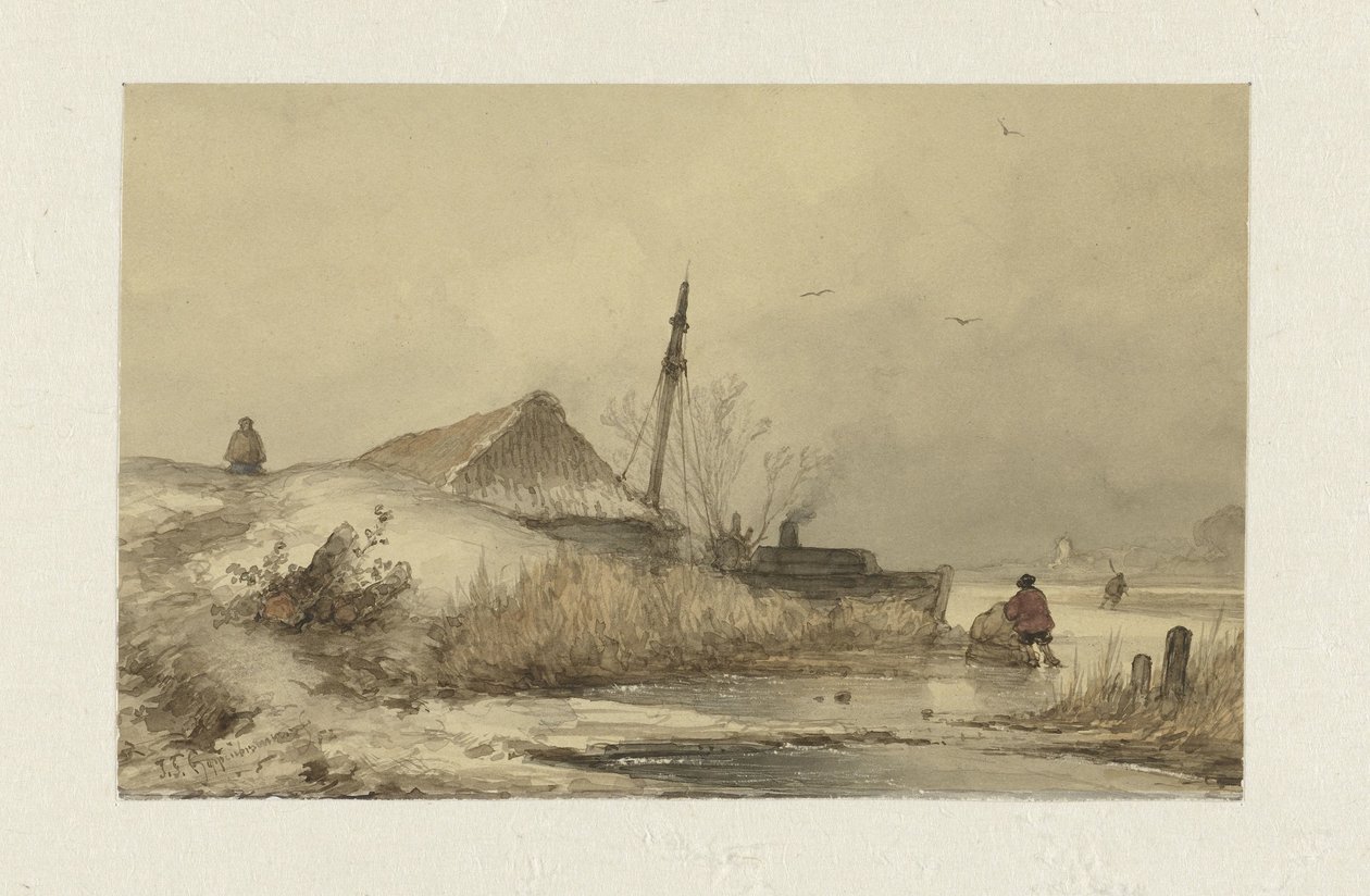 Winter landscape with farm by a ditch by Johannes Franciscus Hoppenbrouwers