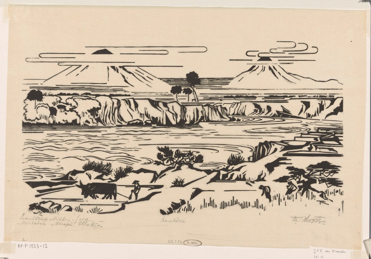 Landscape, Central Java: Merbaboe, Merapi, Ello River by Johannes Frederik Engelbert ten Klooster (signed by artist)