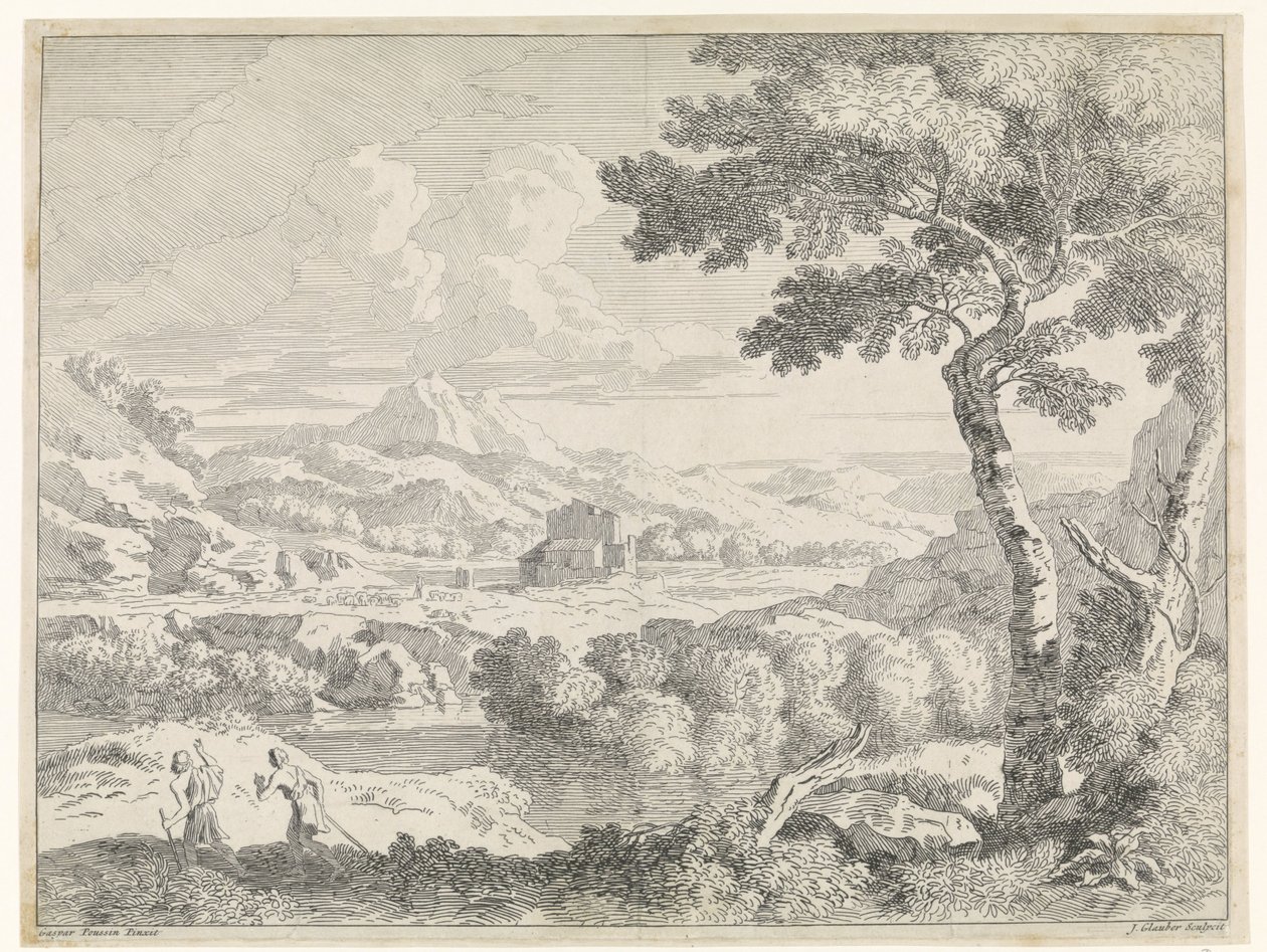 Hilly Landscape with Shepherds (Landscapes after Gaspar Poussin) by Johannes Glauber