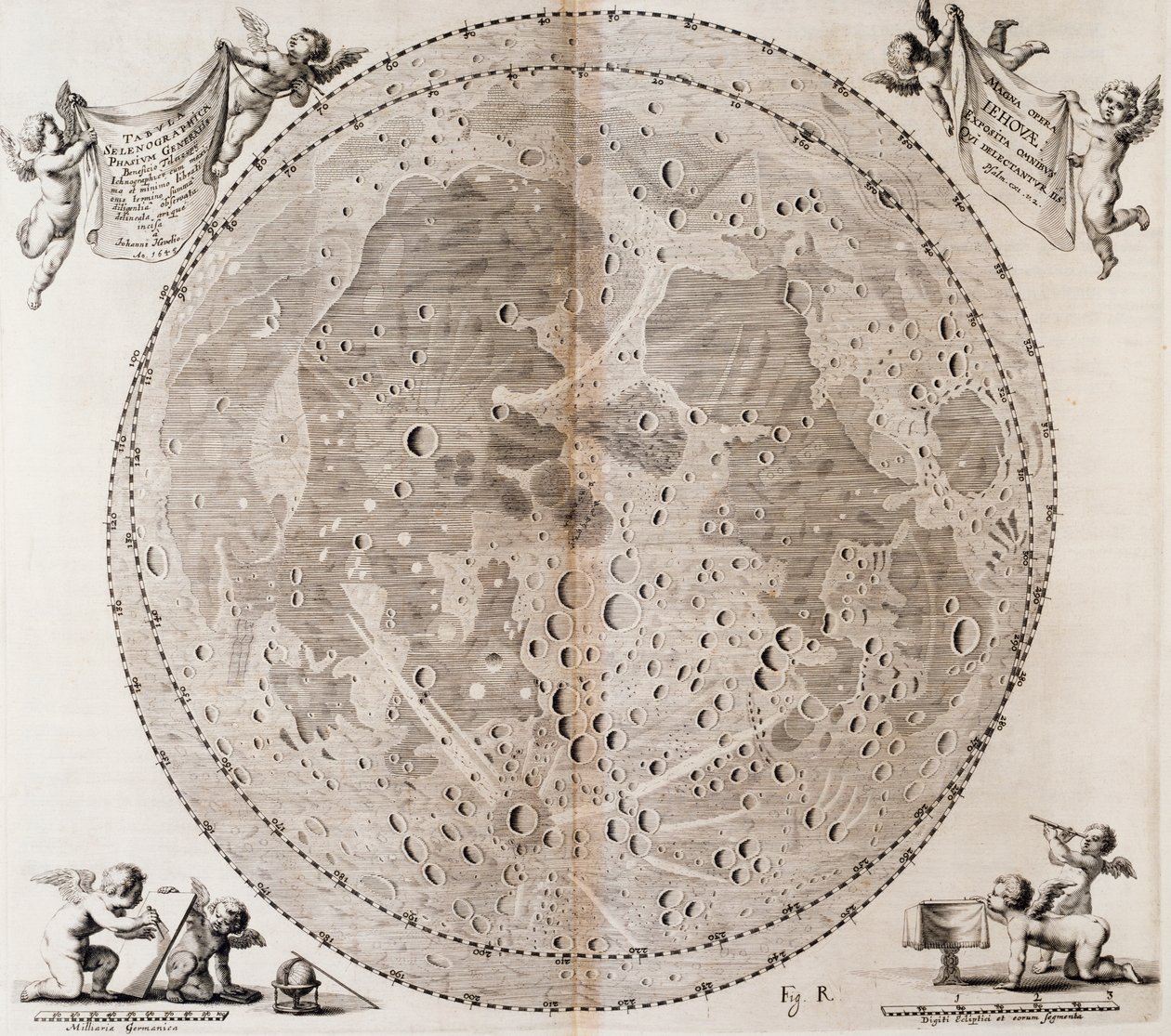 First detailed map of Moon drawn in 1647 by Johann Hevelius, print taken from Johann Hevelius