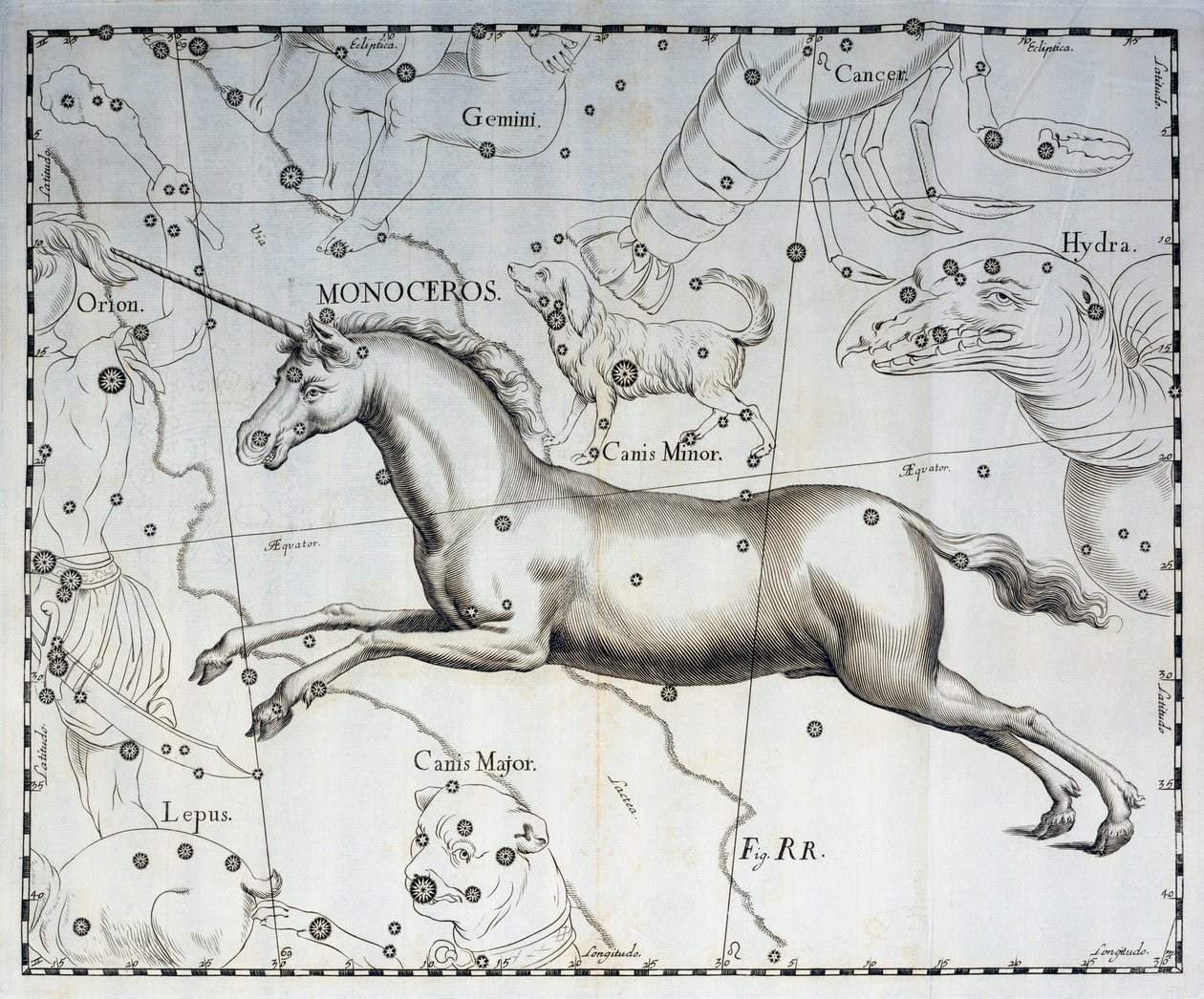 Monoceros, Constellation of Unicorn, Engraving from the Celestial Atlas Firmamentum Sobiescianum sive Uronographia by Johannes Hevelius