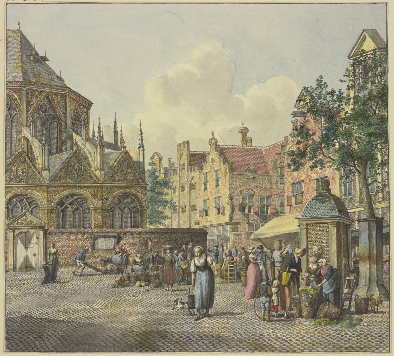On the left the choir of a church, on the right a fountain house, with women selling vegetables by Johannes Huibert Prins