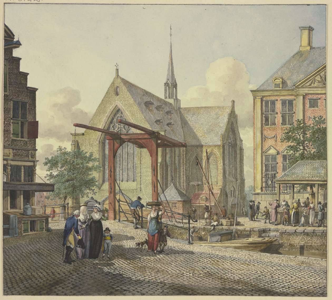 Sluice Gate by a Church, at Left a Veiled Lady, an Officer and a Lady with a Boy by Johannes Huibert Prins