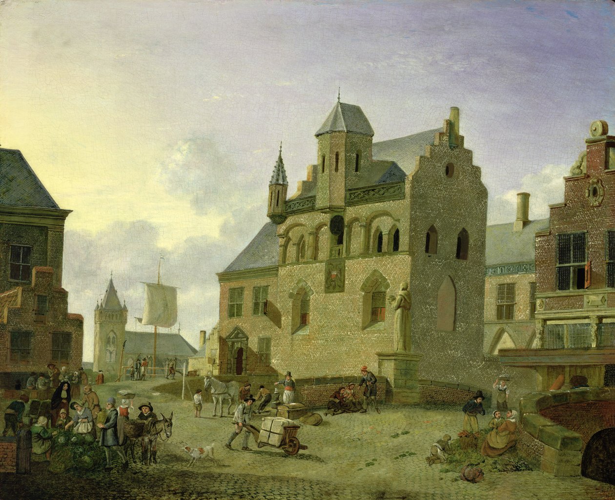 Town Square with Figures and Peasants Trading in a Market Place by Johannes Huibert Prins