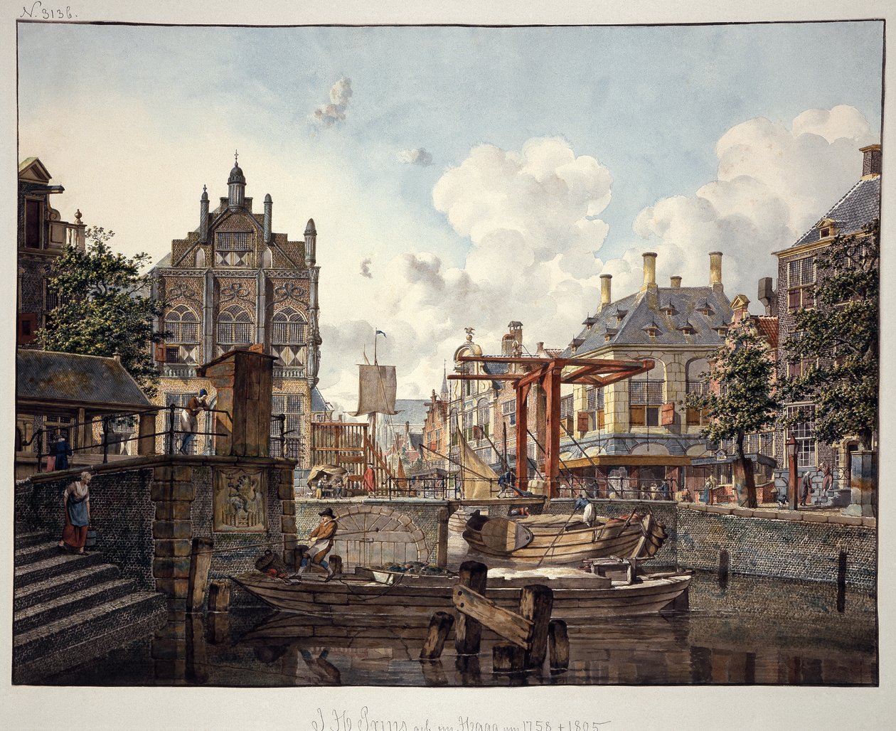 Town View with Drawbridge by Johannes Huibert Prins