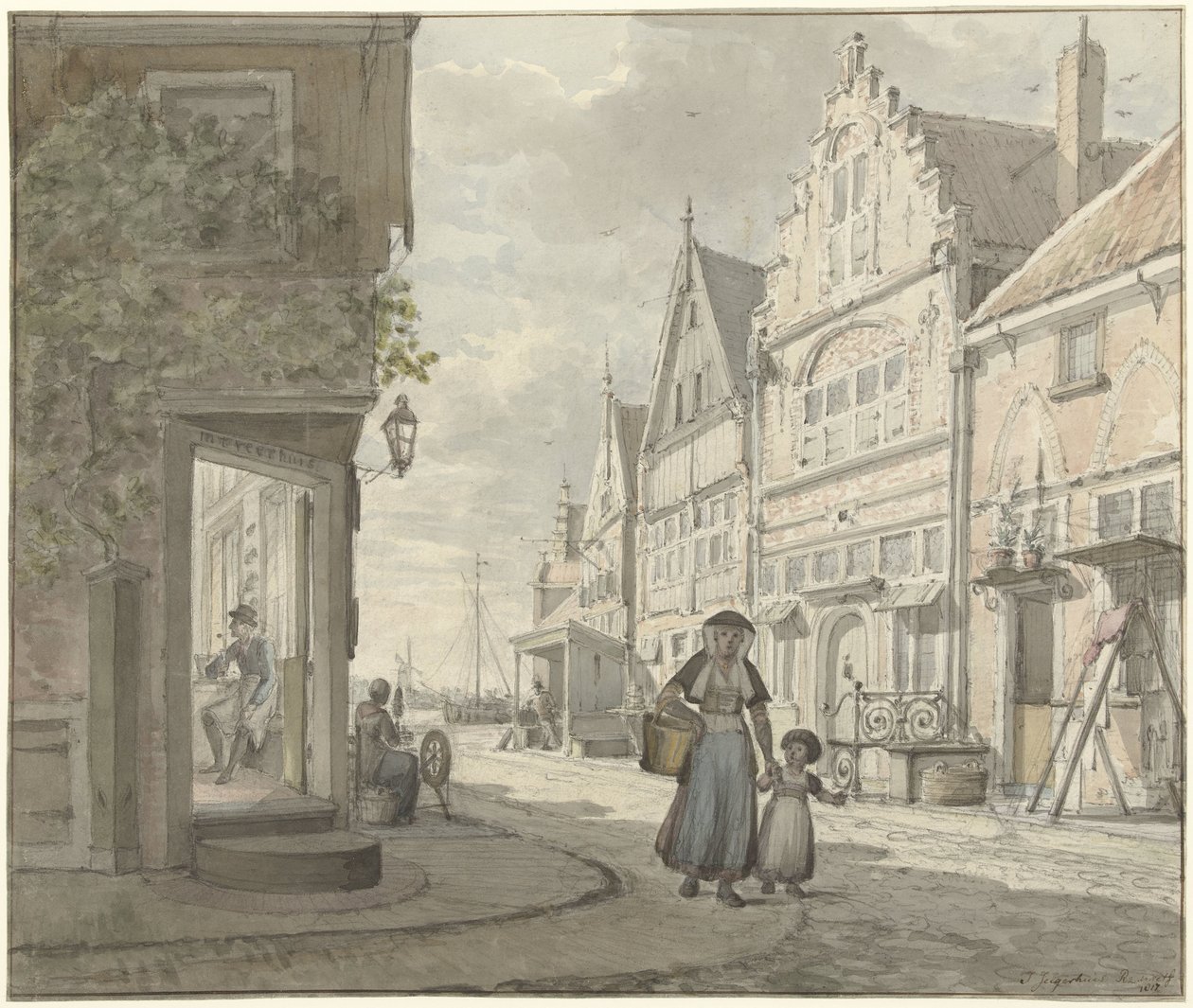 Woman and Child Walking on the Street in a Fishing Village by Johannes Jelgerhuis