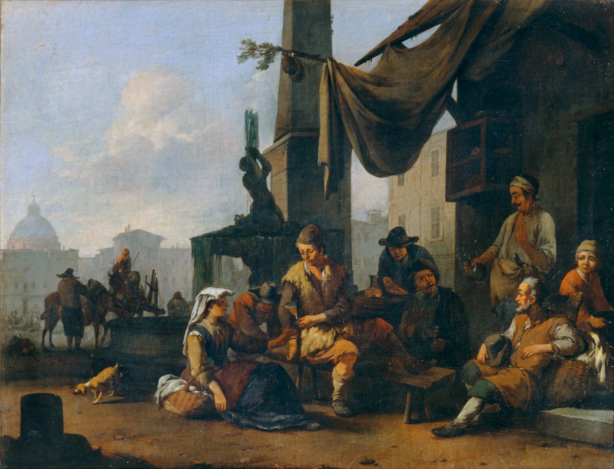 Italian peasants drinking at the door of a Roman inn by Johannes Lingelbach