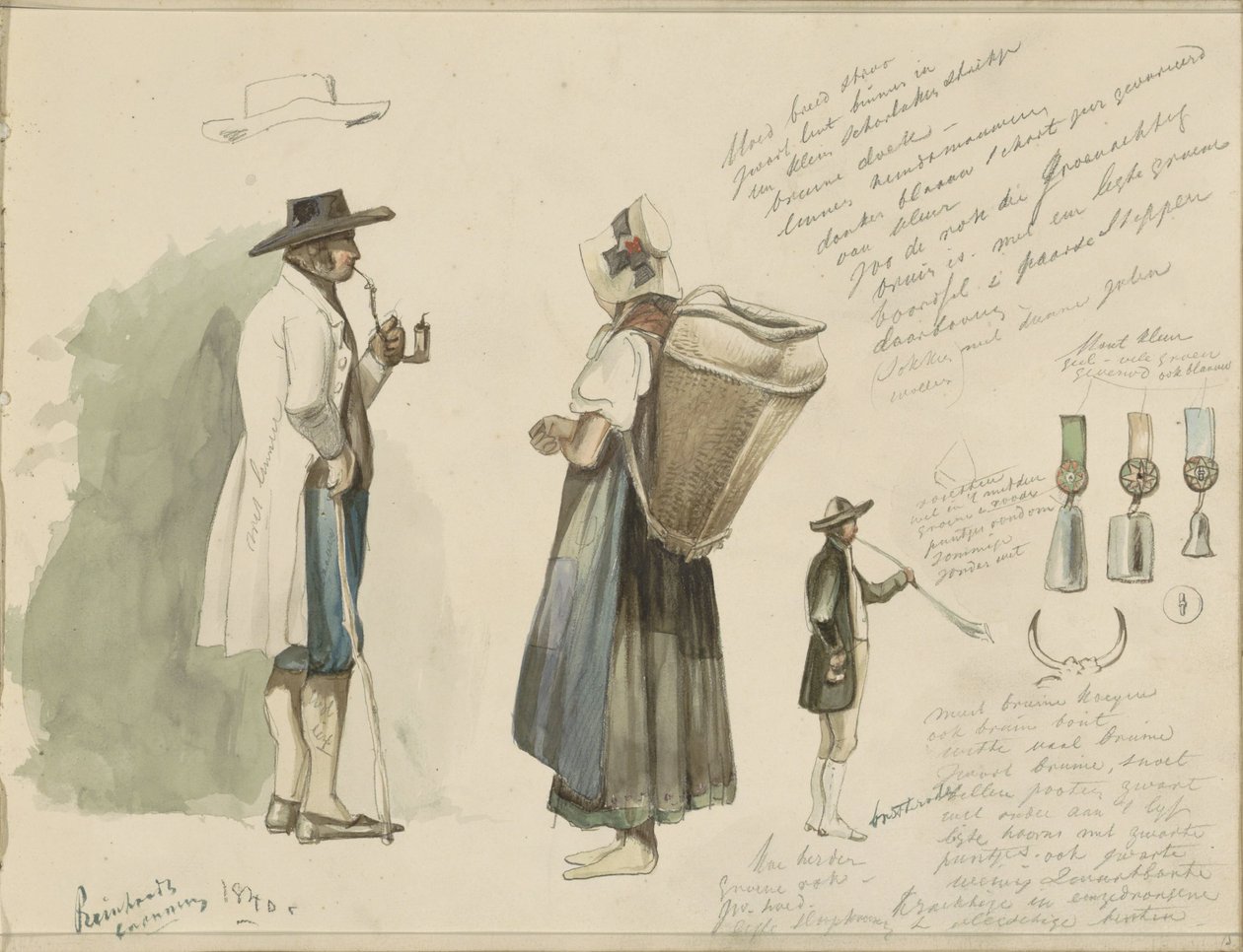Man Smoking a Pipe, Woman with Basket, Rosettes, and a Hunting Horn Player by Johannes Tavenraat