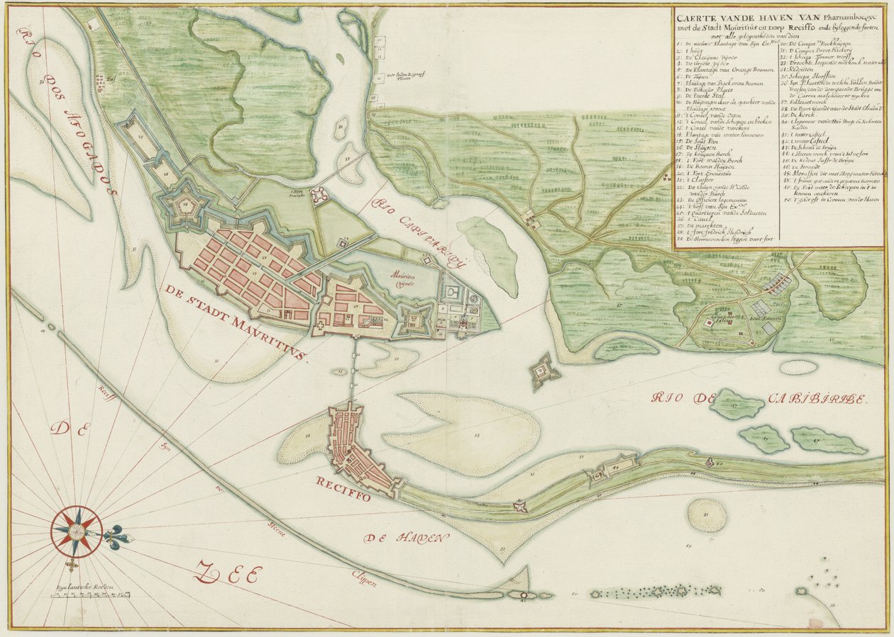 Watercolour chart of the city of Recife (Brazil) in the 17th century by Johannes Vingboons