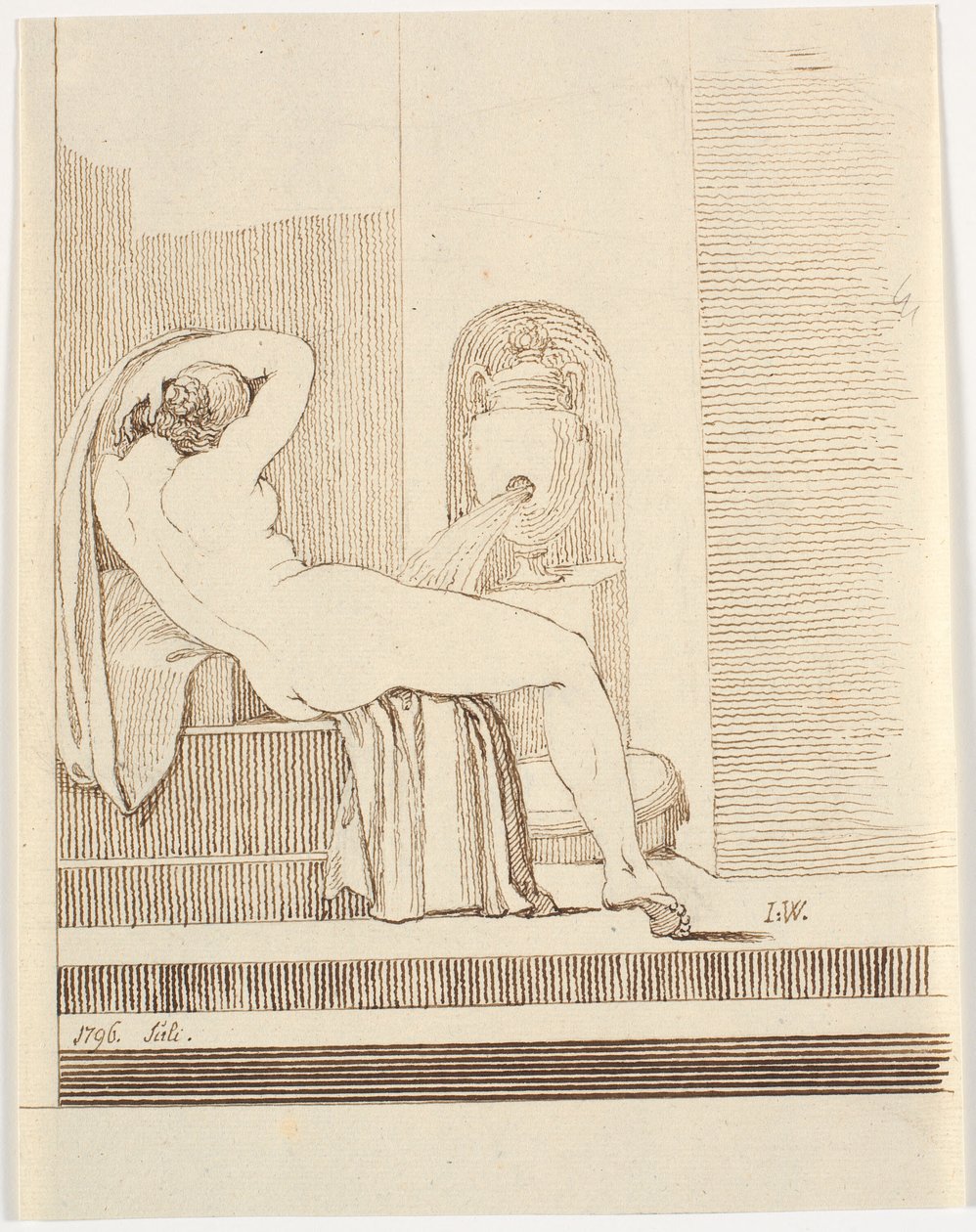 Nude Woman with Garment Seen from Behind, in Front of a Fountain by Johannes Wiedewelt
