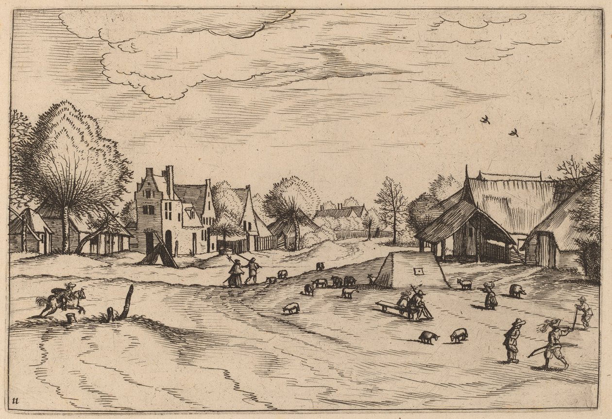 Country Village with Sheep and Sitting Shepherd by Johannes van Doetechum, the Elder and Lucas