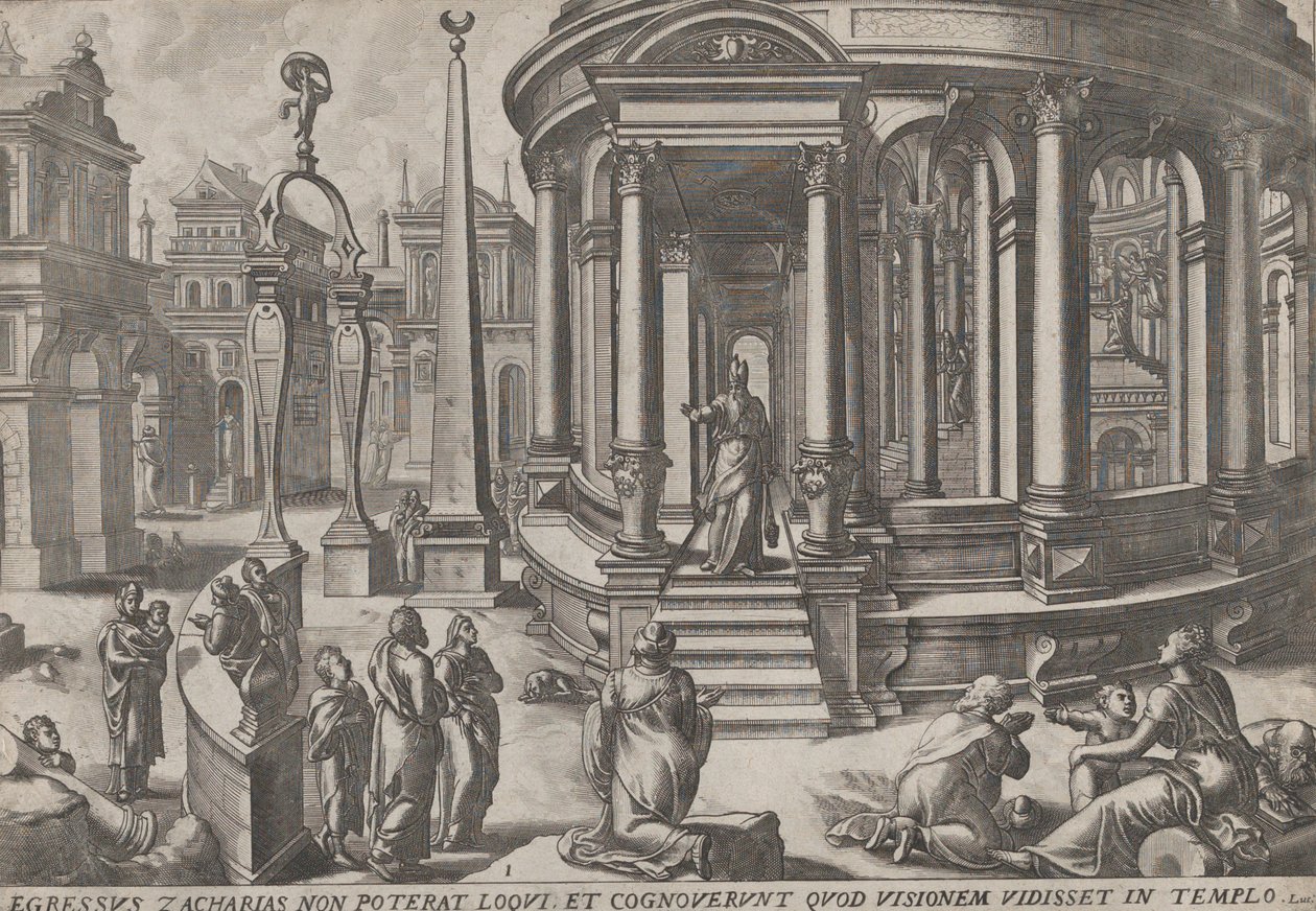 Zacharias Stepping out of the Temple, from the series Events in and around the Temple by Johannes and Lucas van Doetecum