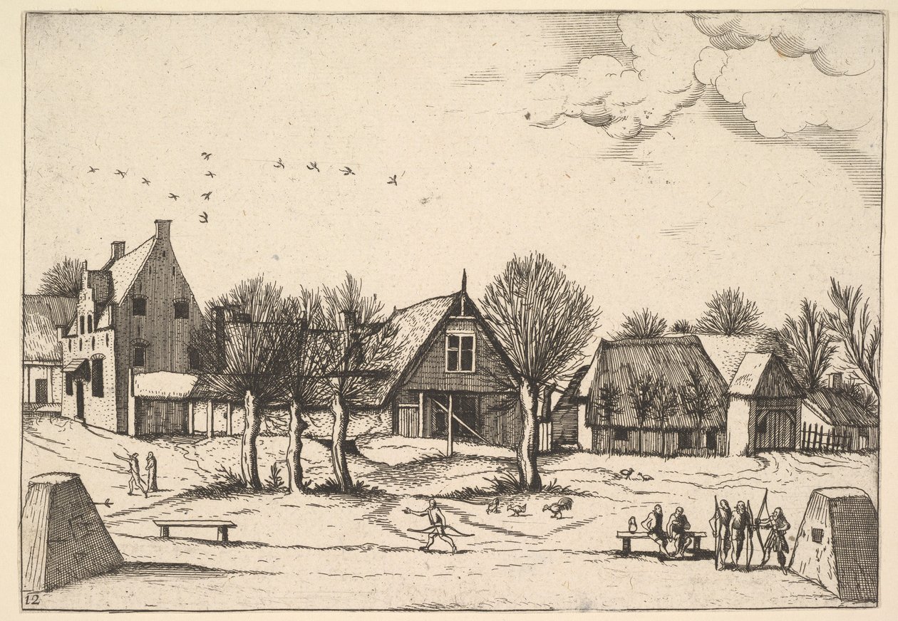 Country Village, Archers in the Foreground from Multifariarum Casularum Ruriumque Linea by Johannes van Doetecum I