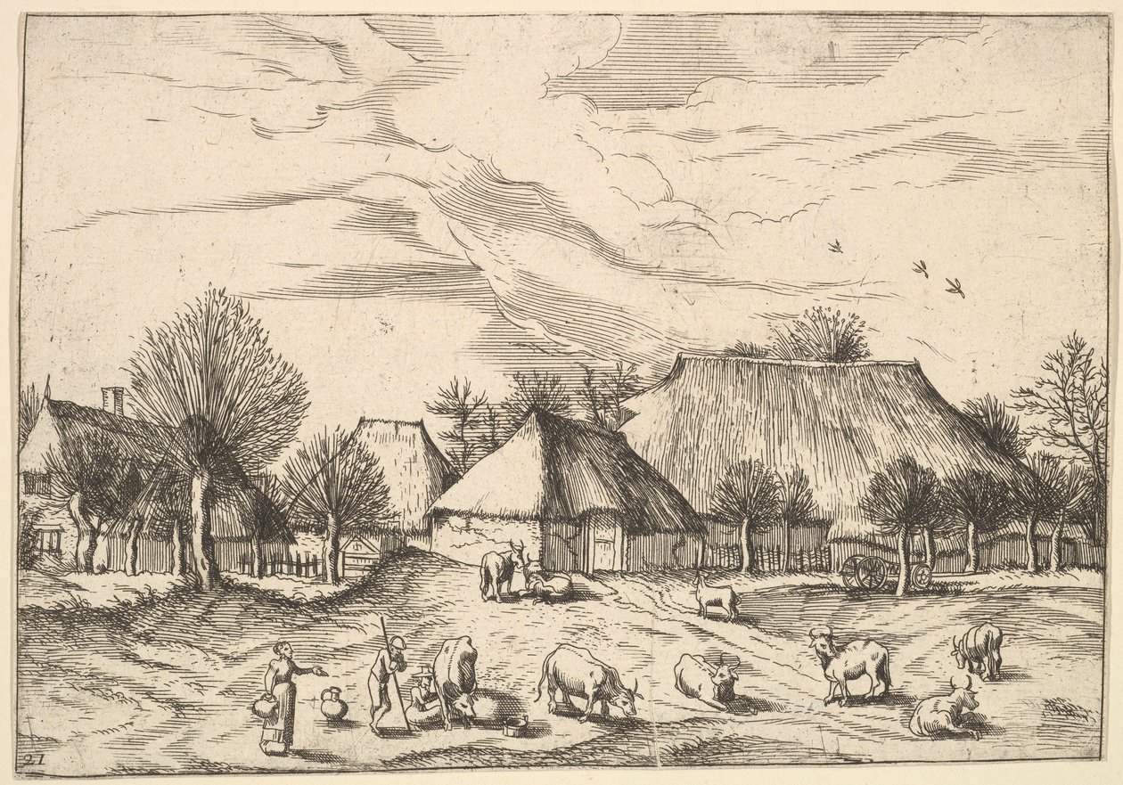 Farms, cattle with herdsmen and milkmaids in the foreground from Multifariarum casularu by Johannes van Doetecum I