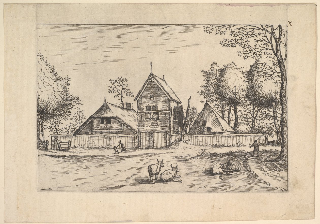Farmstead, Cows and Herdsman in the Foreground from Praediorum Villarum et Rusticar by Johannes van Doetecum I