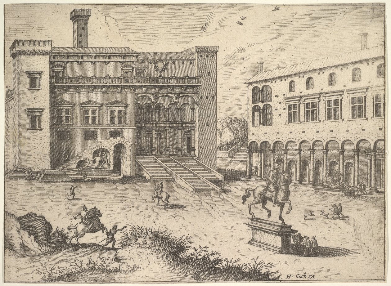 View of the Campidoglio on the Capitoline Hill, with equestrian statue at lower right by Johannes van Doetecum I
