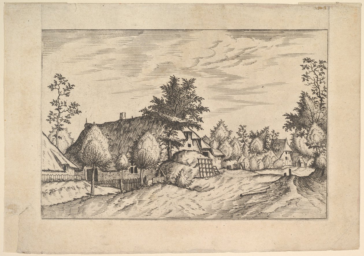 Village Street, hay stacked in front of a farm from Praediorum villarum et rusticar, ca. 1559-61 by Johannes van Doetecum I
