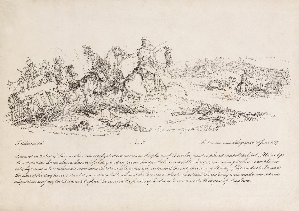 The Earl of Uxbridge Leading a Charge of Cavalry at the Battle of Waterloo, His Right Leg Has Just Been Struck by a Cannon Ball, Lithograph by R. Ackermann by John Augustus Atkinson