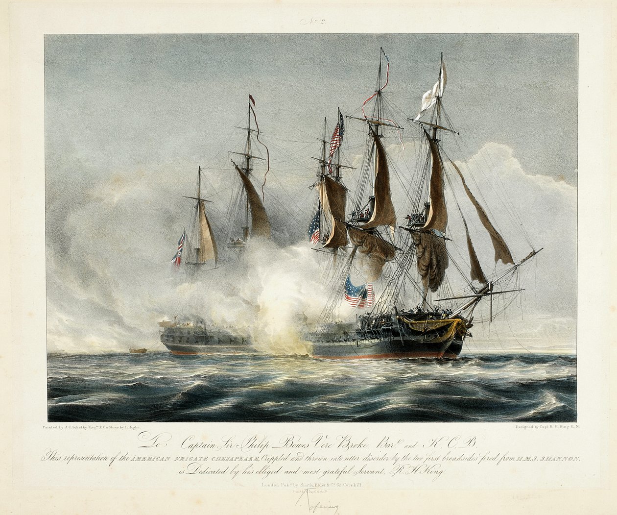 This Representation of the American Frigate Chesapeake, Crippled and Thrown into Utter Disorder by the Two First Broadsides Fired from H.M.S. Shannon by John Christian Schetky