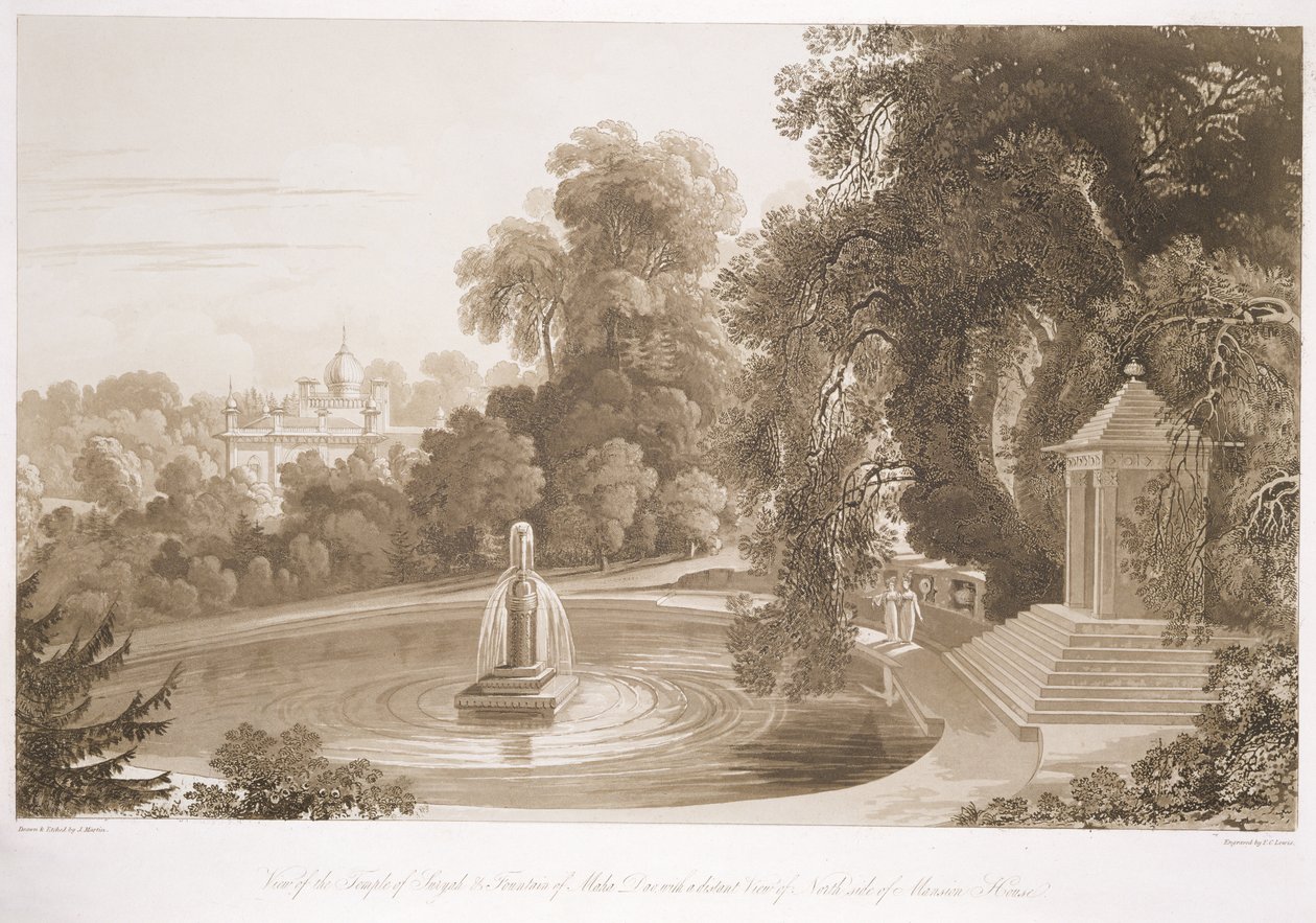 View of the Temple of Suryah and the Fountain of Mahah Doo with a Distant View of the North Side of the Mansion House, Sezincote, engraved by Frederick Christian Lewis Snr. by John Martin